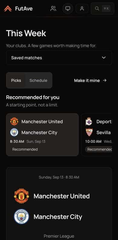 FutAve's mobile web matchday view, showing a weekly shortlist, club crests, kickoff times, and a Manchester derby preview.